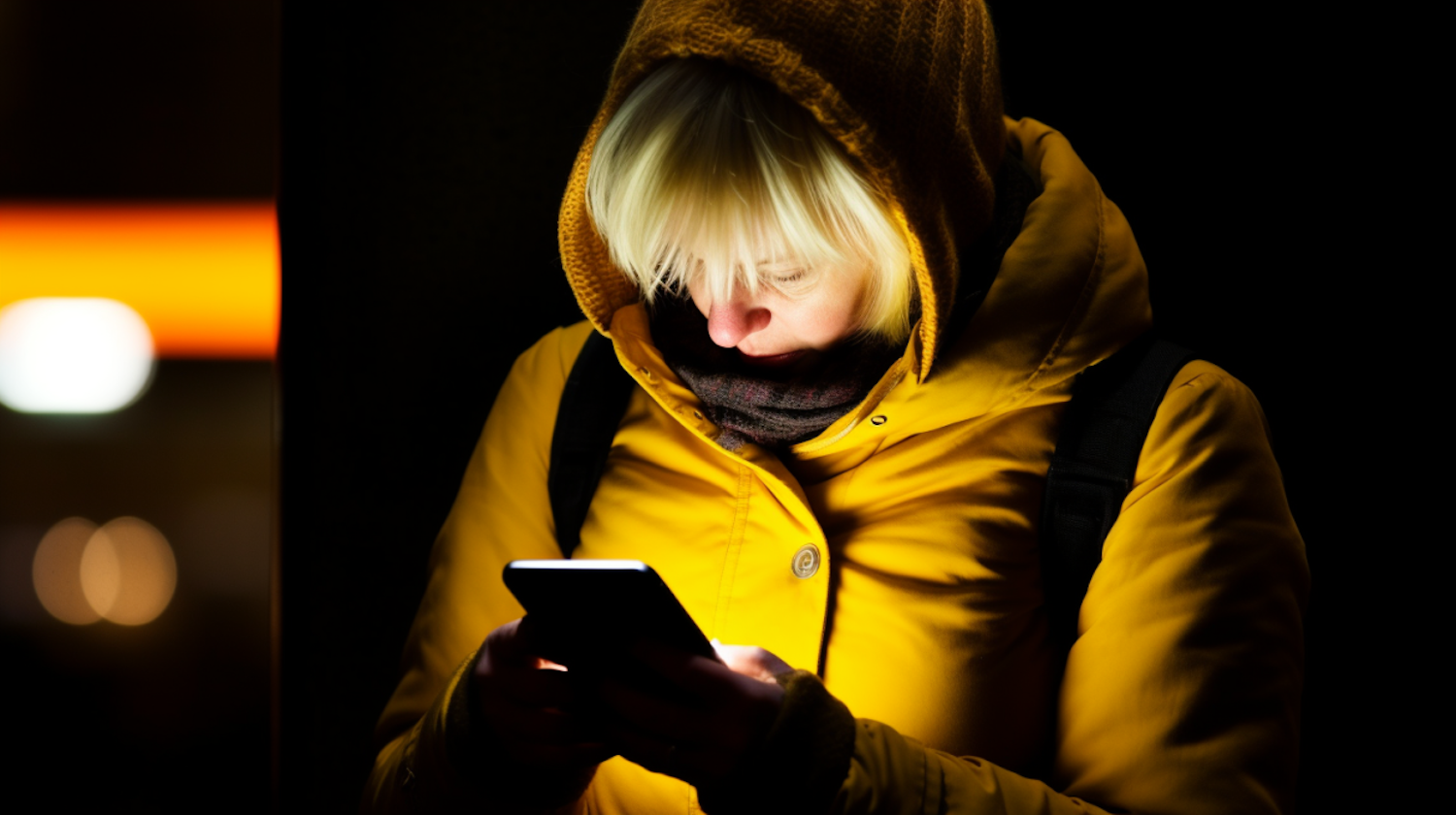 A person looking happy and relaxed while viewing humorous content on their phone, illustrating how easy it is to get a mood boost.
