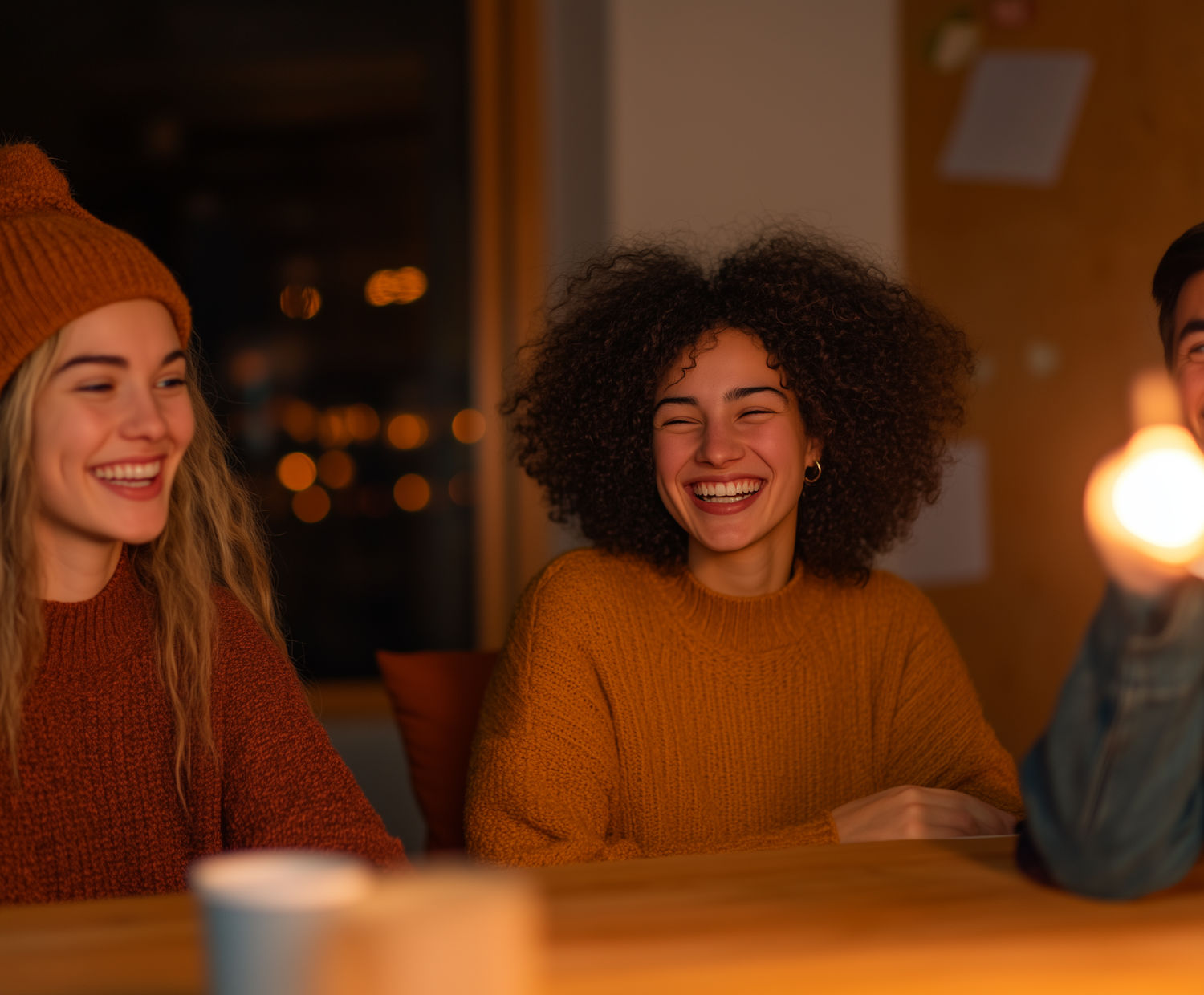 Two or more people sharing a moment of genuine laughter, highlighting the social and psychological benefits of humor.