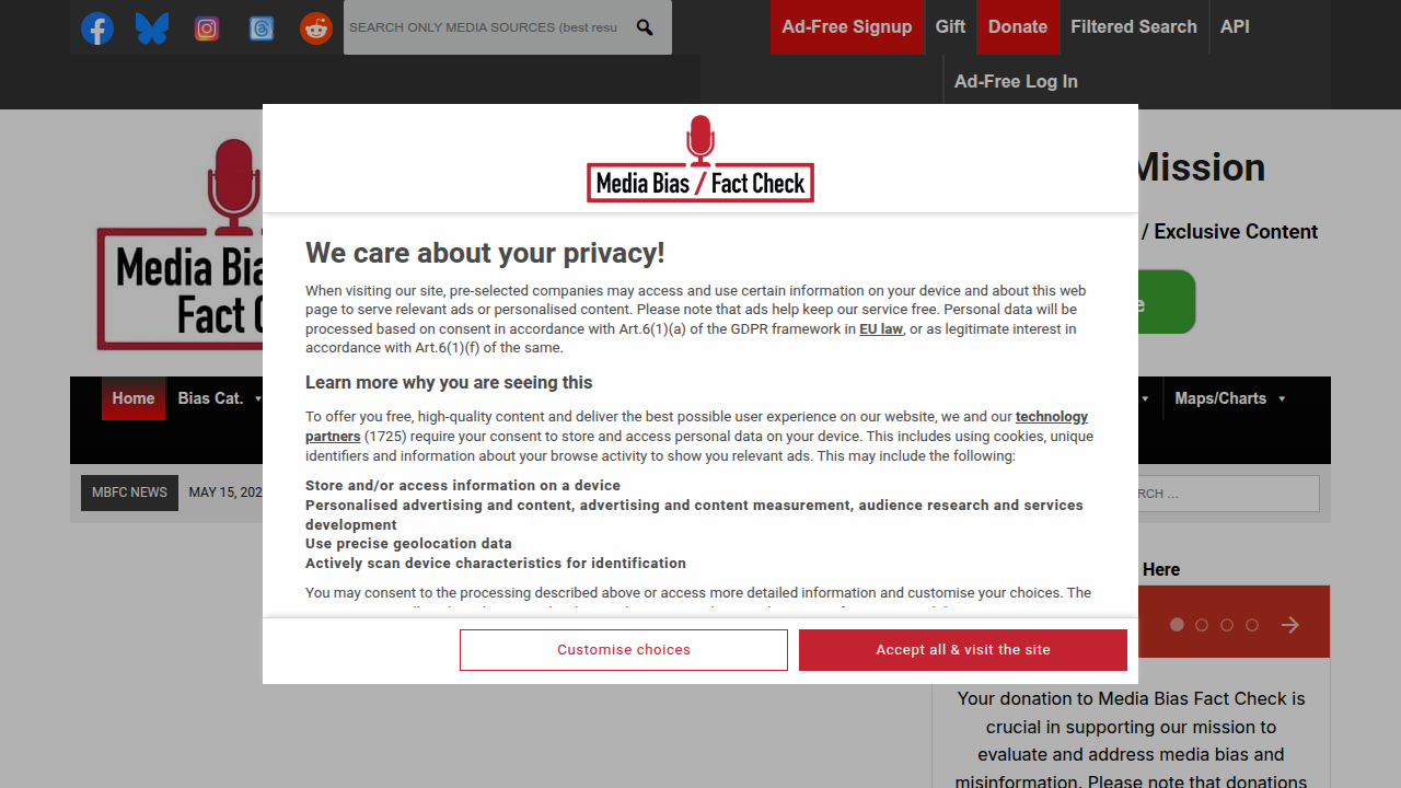 The homepage of Media Bias/Fact Check, a website dedicated to analyzing news sources for bias and factual reporting.