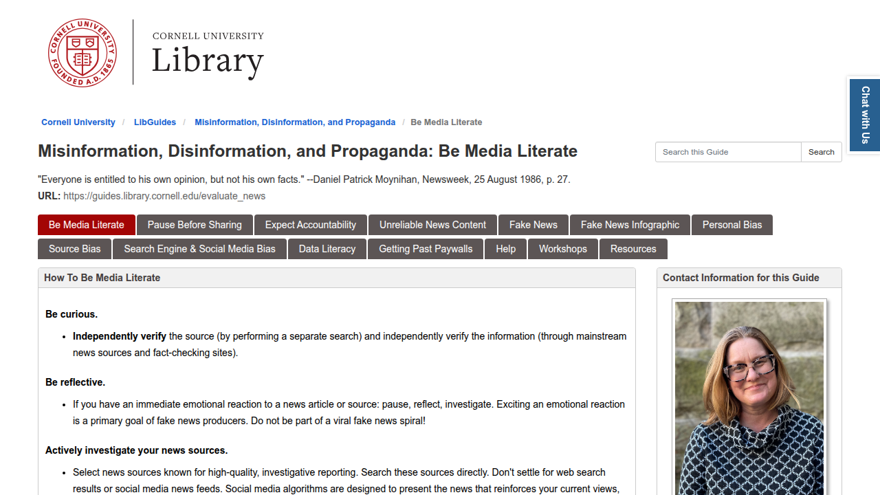 A screenshot of the Cornell University Library's guide on evaluating news sources and understanding source bias.