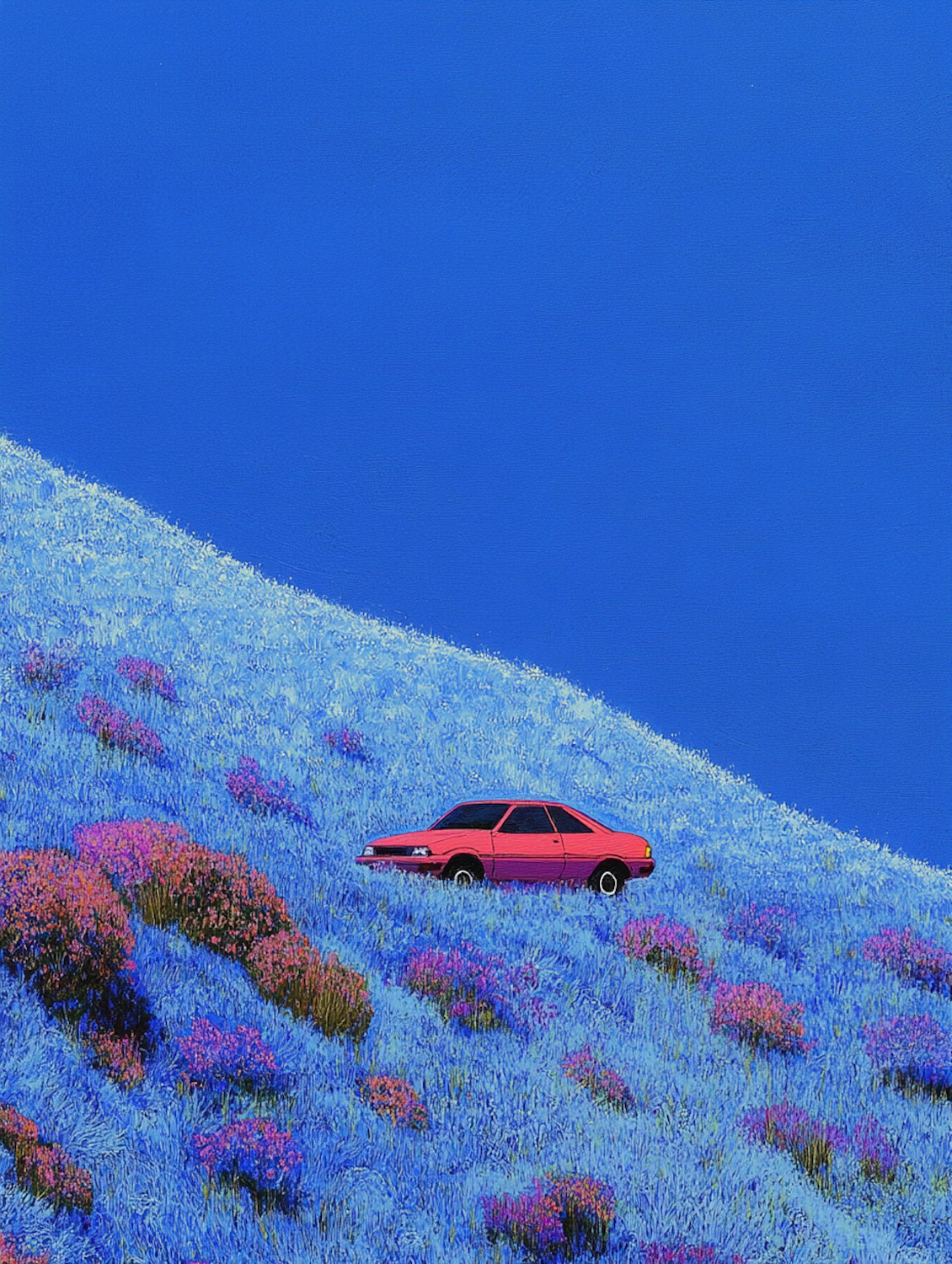 A humorous depiction of a tiny Smart Car precariously positioned within a surprisingly large and deep pothole, illustrating the absurdity of the event.