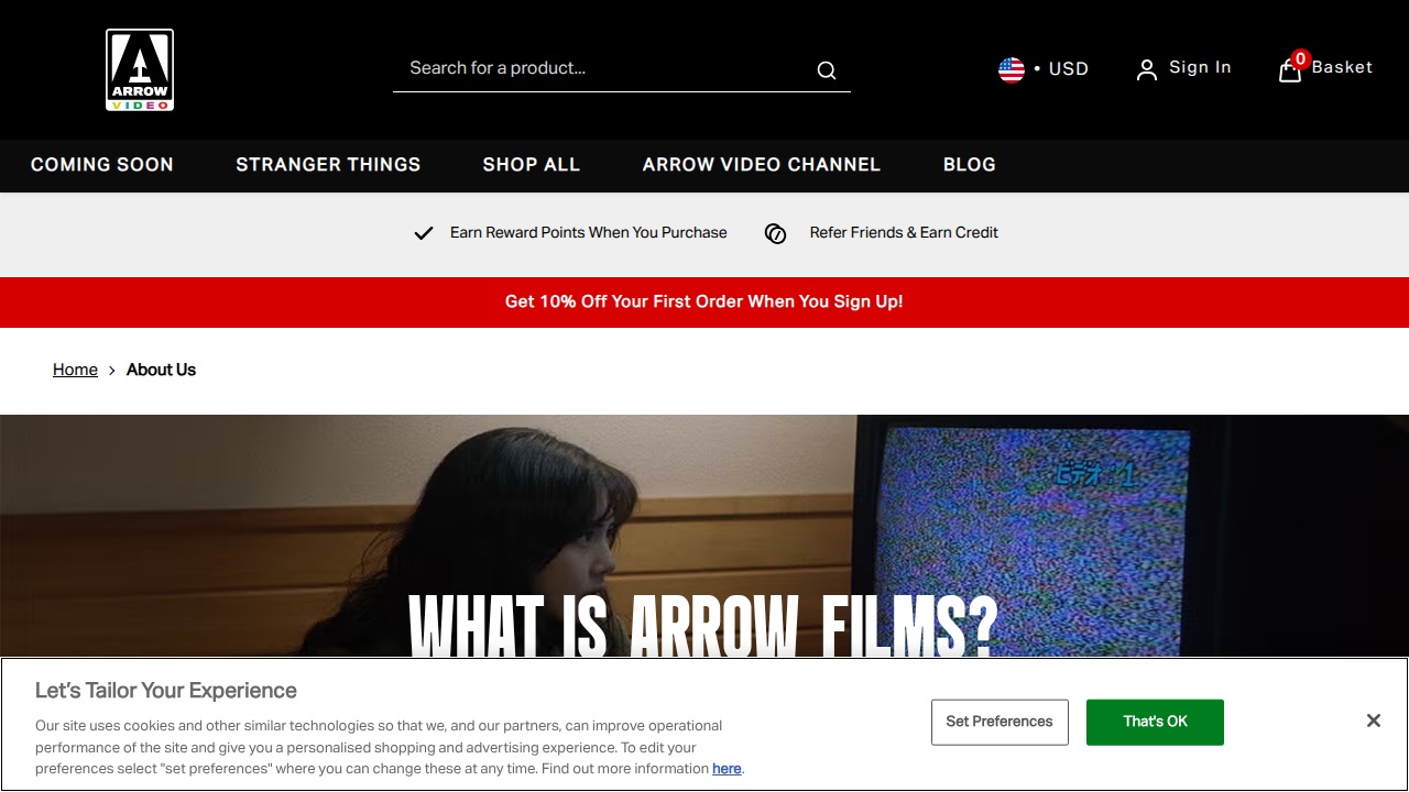 A screenshot of Arrow Video's 'About Us' page, detailing their mission to curate bold, boundary-pushing cinema since 1991.