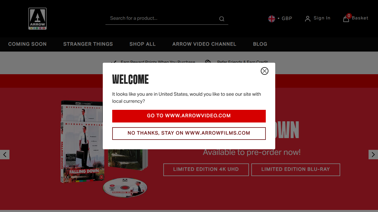 Screenshot of the official Arrow Films UK website, a key resource for tracking new releases, pre-order alerts, and exploring their extensive film catalog.
