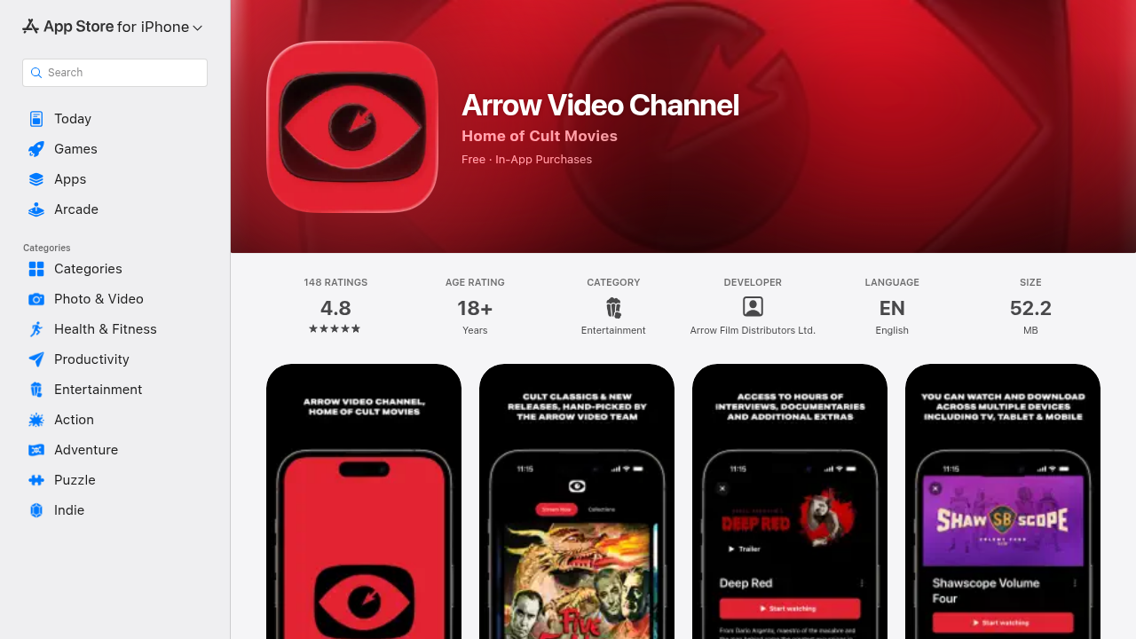 A screenshot of the Arrow Video Channel app on the Apple App Store, illustrating its availability for streaming cult comedies on mobile devices.