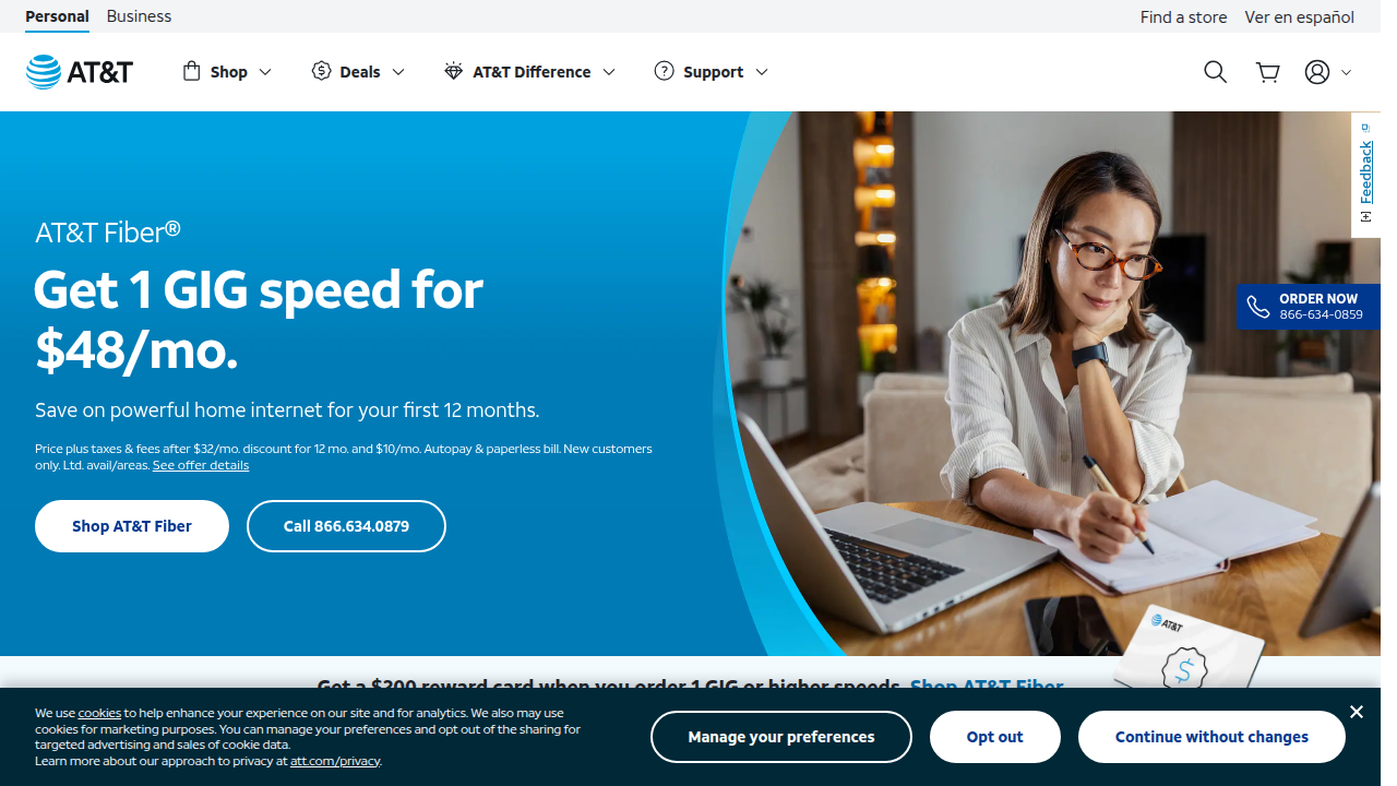 A screenshot of the AT&T Fiber dedicated page, highlighting available fiber internet plans.