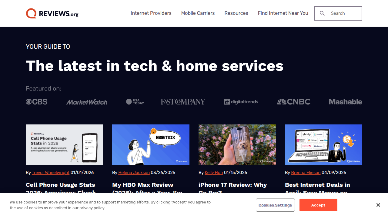A screenshot of the Reviews.org homepage, a resource for comparing internet services and uncovering hidden costs.