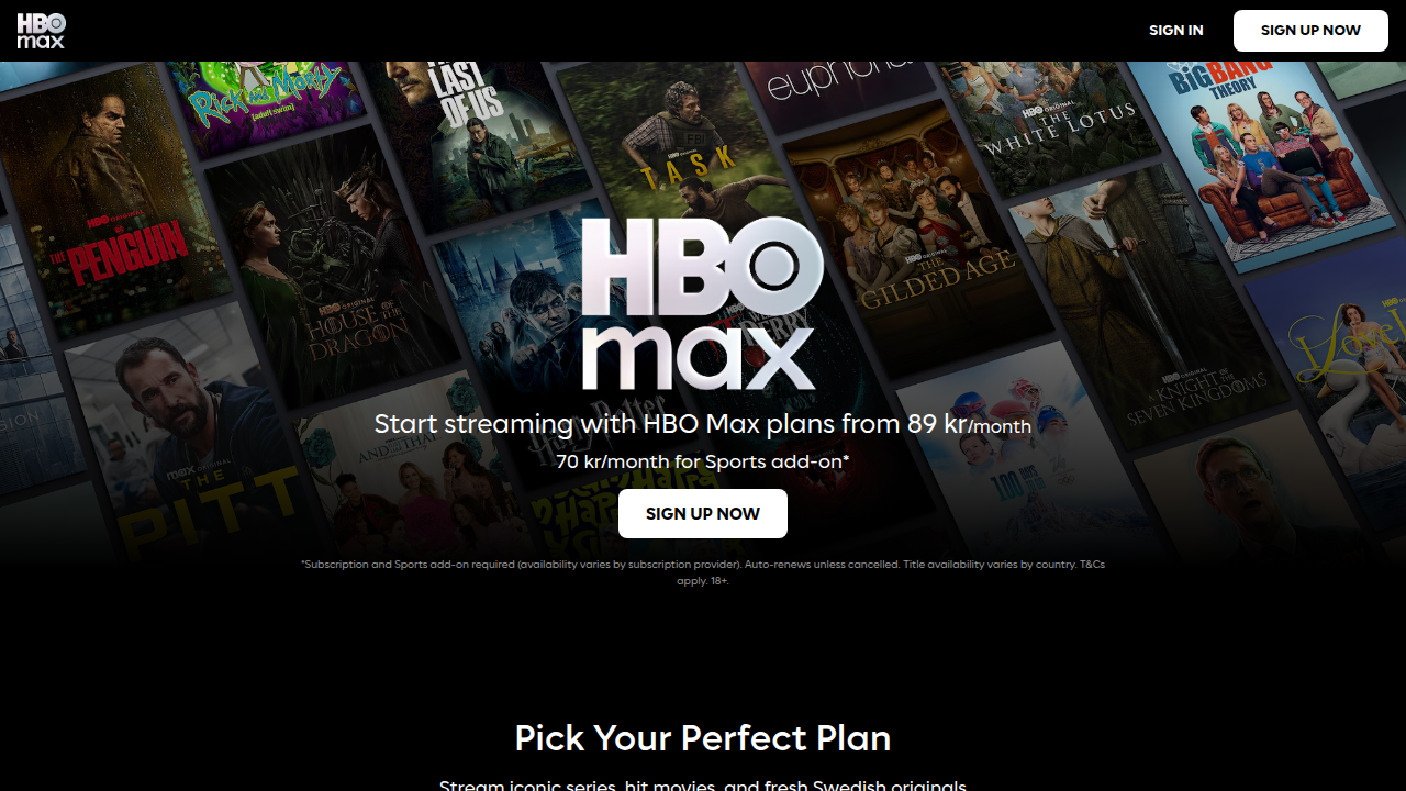 The Max homepage, featuring its collection of premium adult comedies.