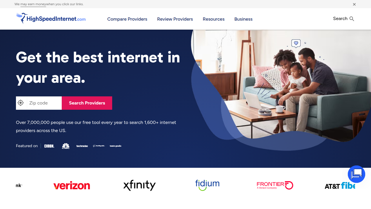 Screenshot of the HighSpeedInternet.com homepage, a resource for internet provider and router reviews.