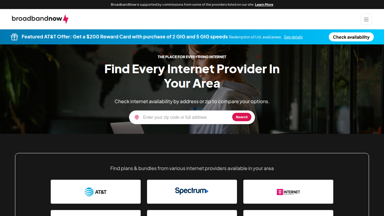 BroadbandNow's homepage, a resource for internet providers and related guides, including funny WiFi names.