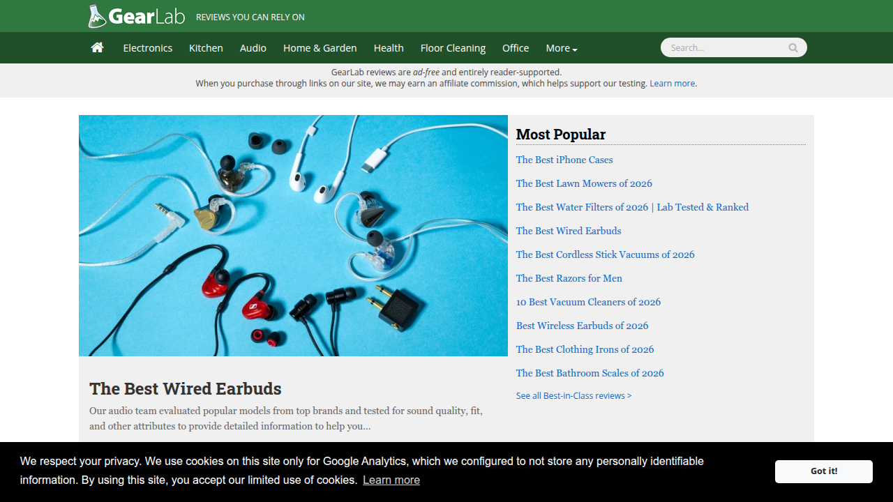 TechGearLab's homepage, offering reviews and guides for various technology products, including WiFi routers.