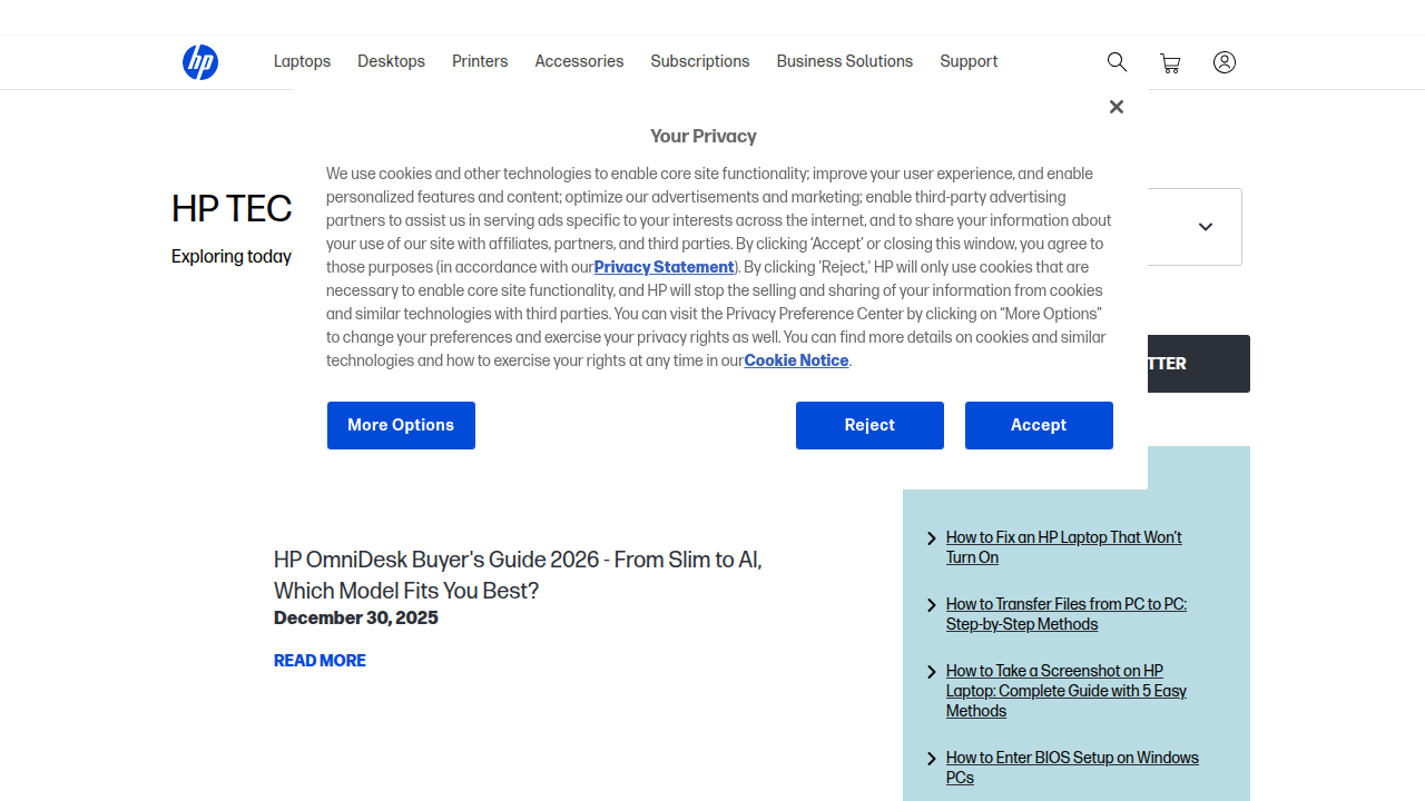 The official HP website's 'Tech Takes' section, offering insights and explanations on various technology topics like WiFi extenders.