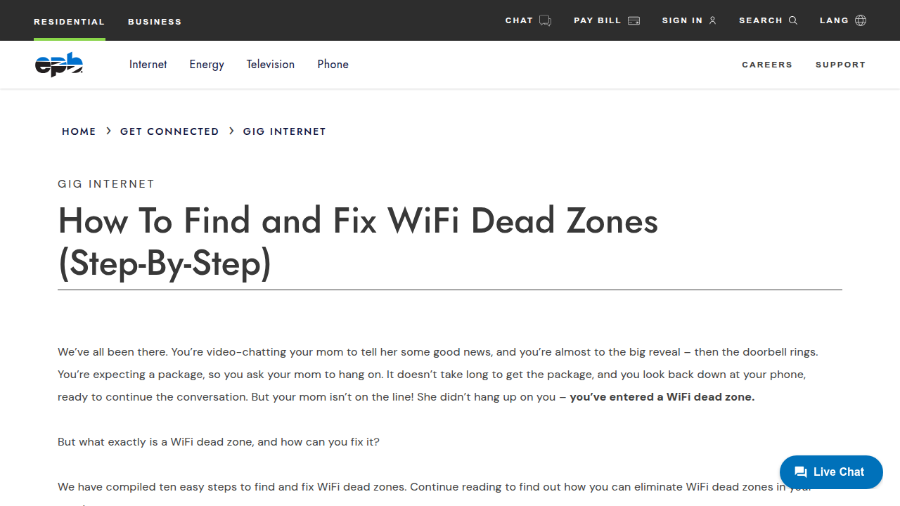The EPB website, featuring a guide on how to identify and fix WiFi dead zones for improved internet connectivity.