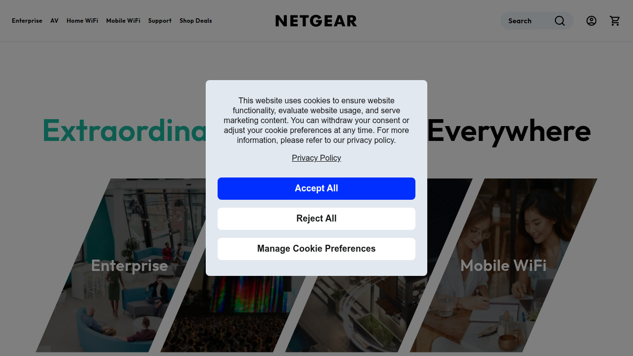The official website for Netgear, a leading brand for networking hardware and Wi-Fi extenders.